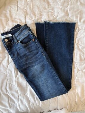 S.O.N.G. Dark Blue Mid Rise Raw Hem Flare Stretch Jeans